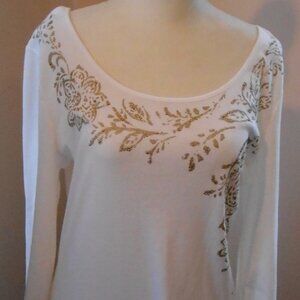 Chap's Women's White Long Sleeve Scoop Neck Top w/Tan Floral Beaded Design Sz-Lg